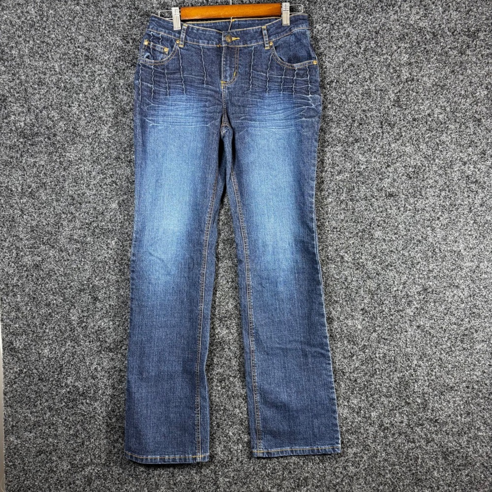 FUBU The Collection Womens Blue Denim Jeans Size 7/8 Y2K Pintuck Contrast Stitch